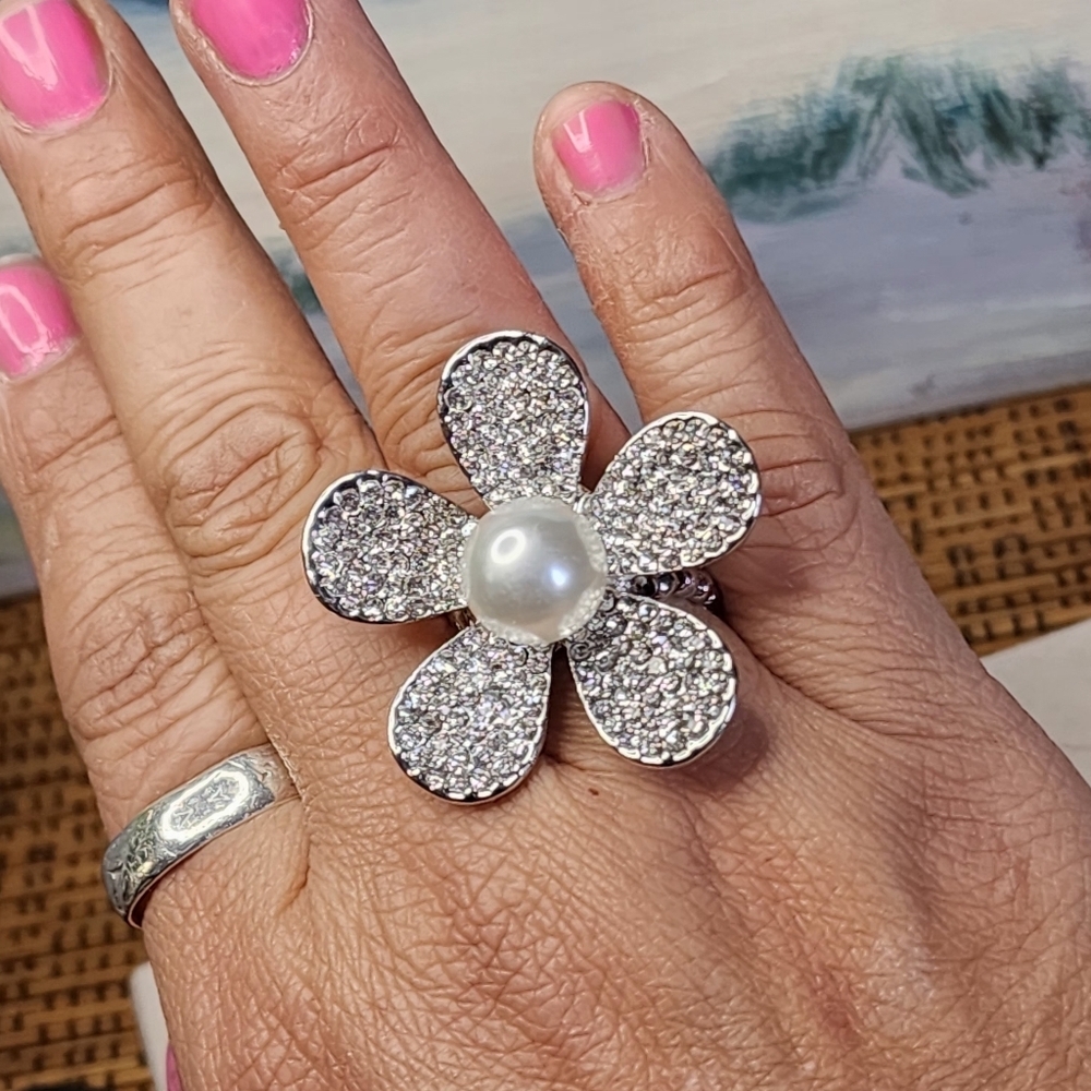 Crystal Pave Flower Ring with Pearl Center - Silver Tone
